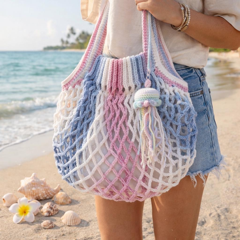 Handmade Crochet Mesh Beach Bag, Pastel Net Tote