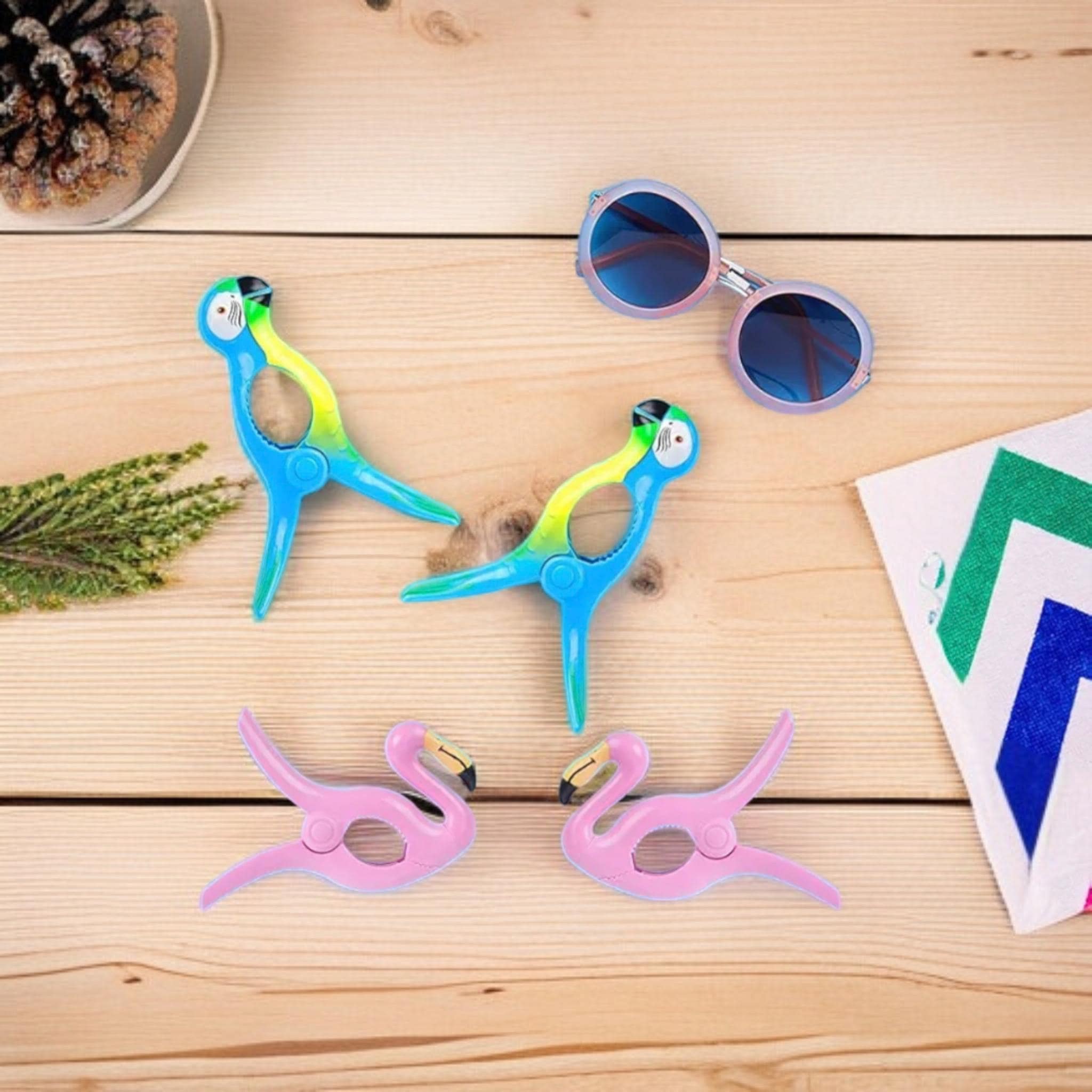 Colorful Flamingo and Parrot Beach Towel Clips, Jumbo