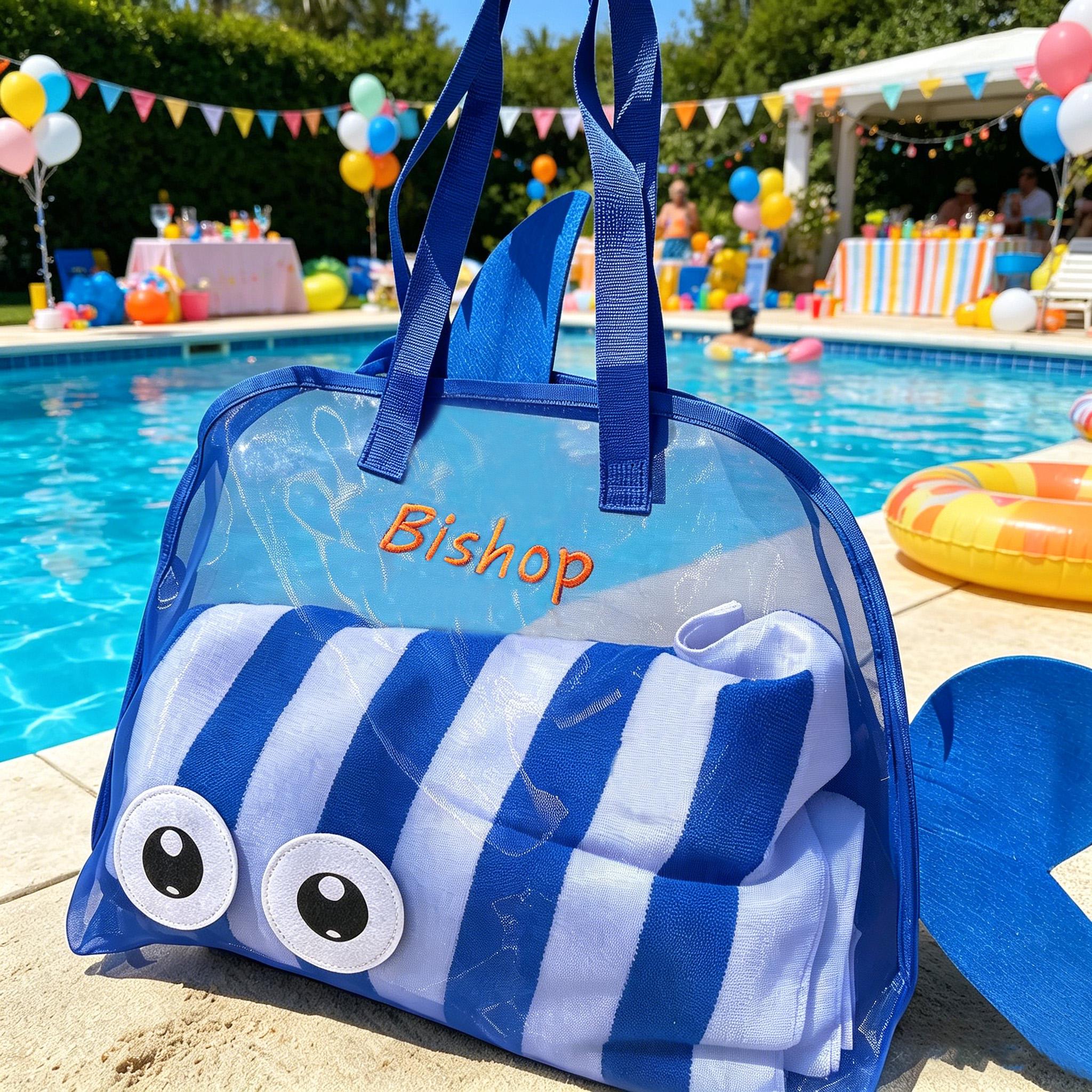 Embroidered Mesh Beach Bag, Custom Fish Beach Tote for Kids