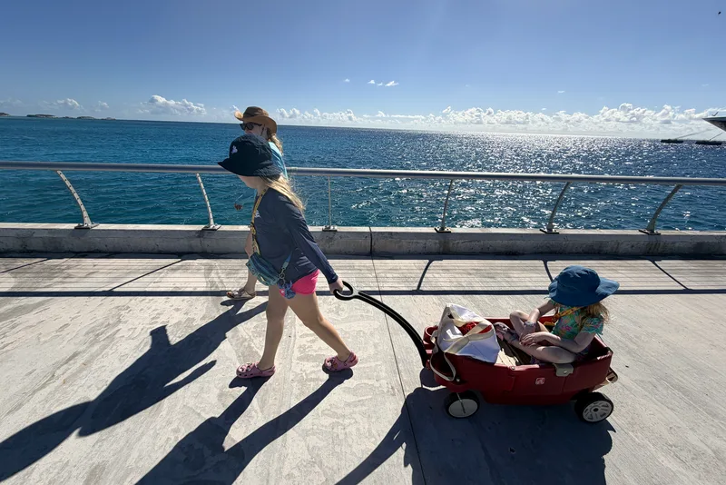 Pulling a red wagon along the ship boardwalk on a port day