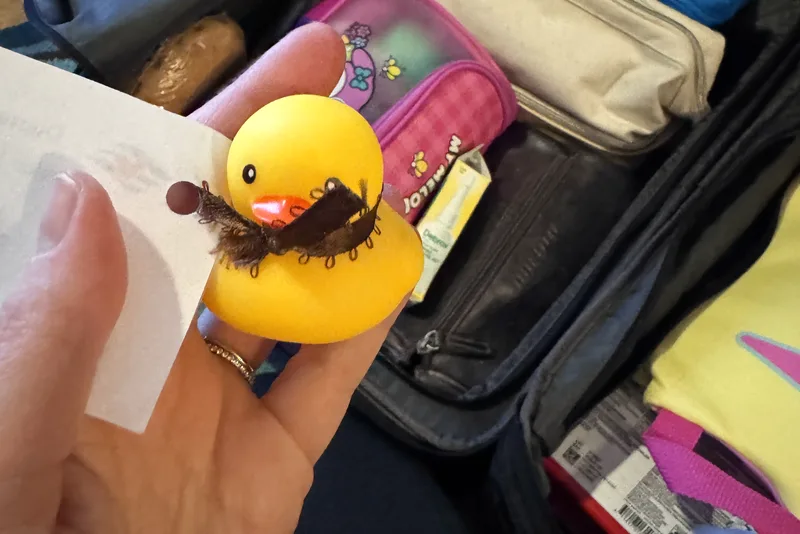 Rubber duck tucked into an open suitcase