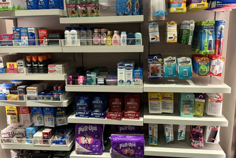 Onboard shop shelves stocked with travel essentials