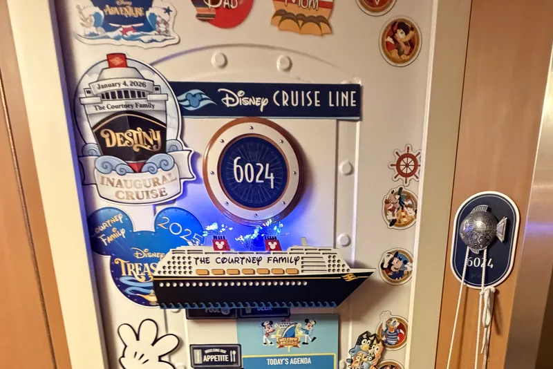 Light-up ship magnet glowing on our cabin door