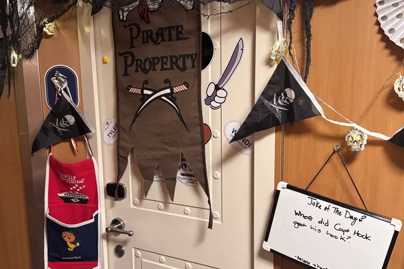 Pirate banner and flags decorating a cabin door