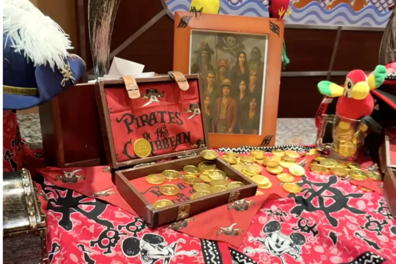 Treasure chest display with gold coins on Pirate Night