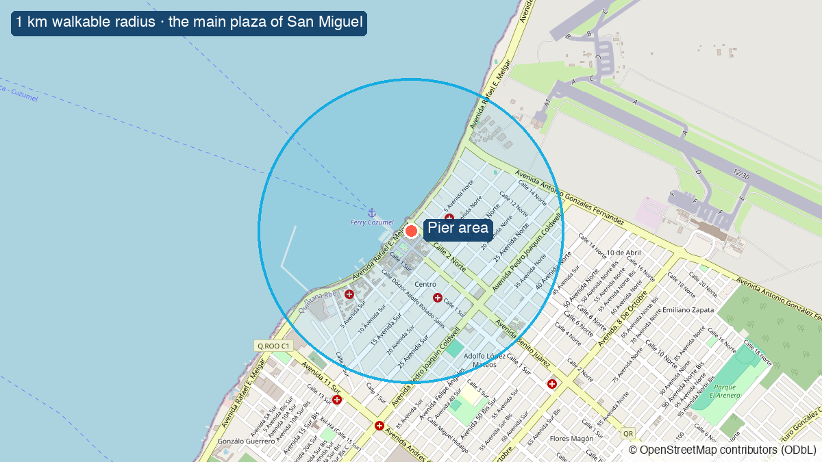 Map of Cozumel: the pier, the walkable radius, and the main plaza of San Miguel