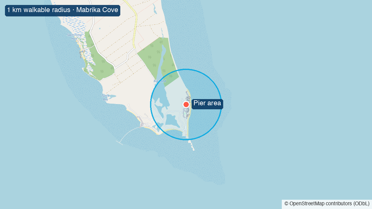 Map of Lookout Cay at Lighthouse Point: the pier, the walkable radius, and Mabrika Cove