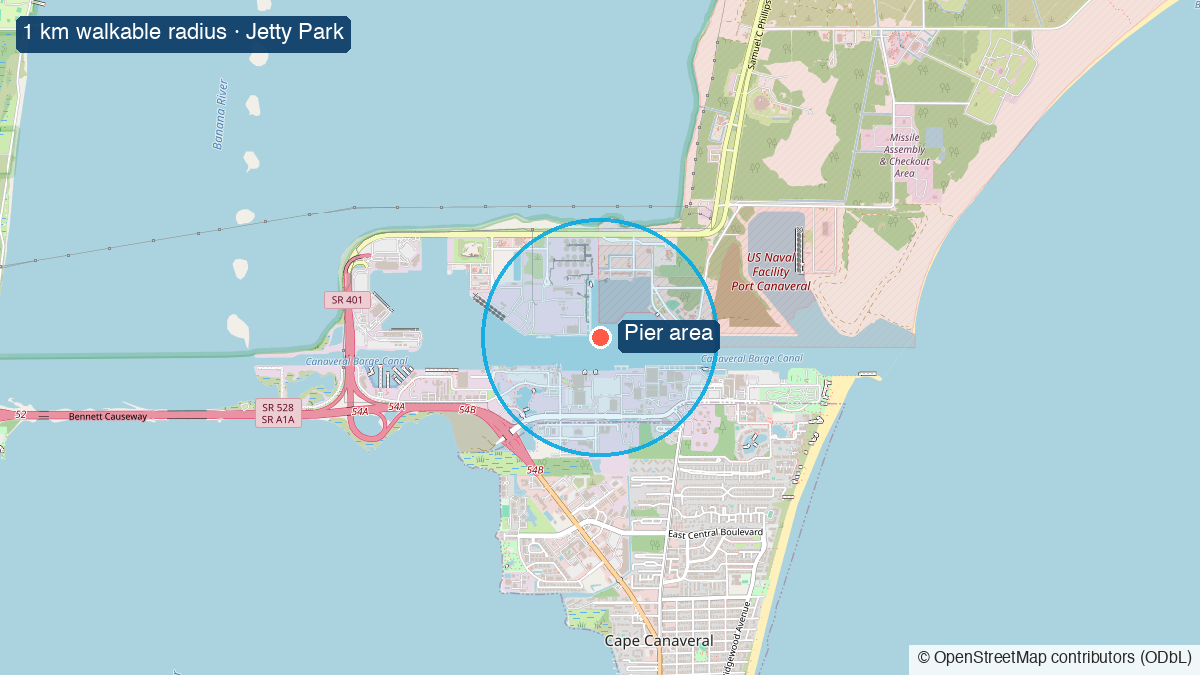 Map of Port Canaveral: the pier, the walkable radius, and Jetty Park