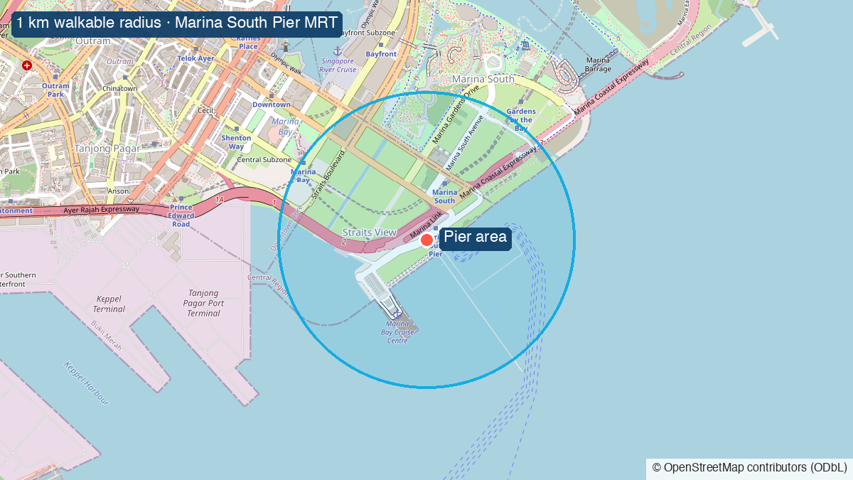 Map of Singapore (Marina Bay Cruise Centre): the pier, the walkable radius, and Marina South Pier MRT