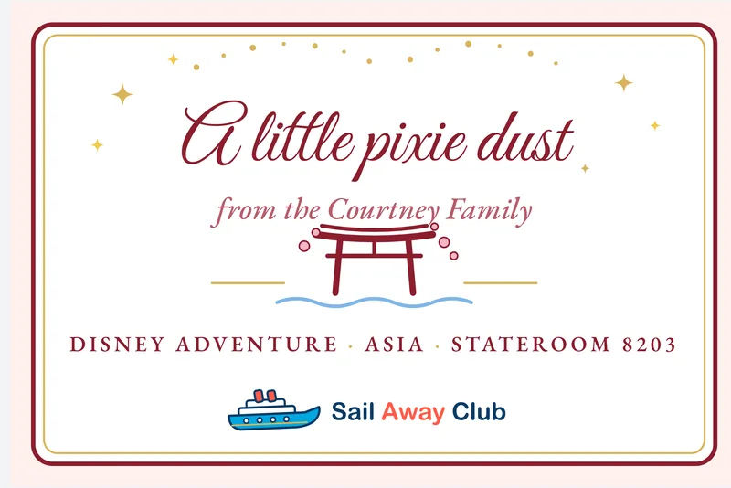 Sample Asia-style pixie dust gift tag, vermilion and sakura pink with a torii gate. It reads: A little pixie dust from the Courtney Family, Disney Adventure, Asia, Stateroom 8203