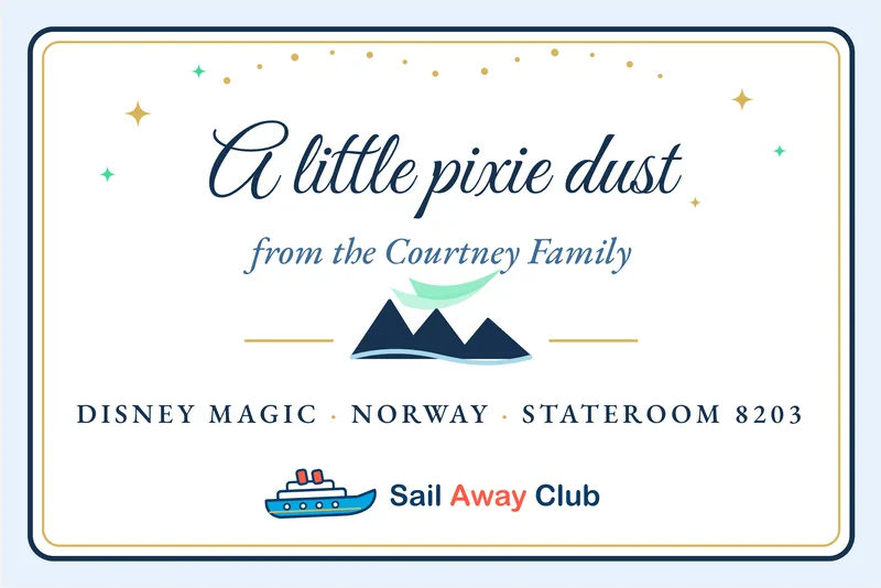 Sample Norway-style pixie dust gift tag, deep fjord blue with northern lights. It reads: A little pixie dust from the Courtney Family, Disney Magic, Norway, Stateroom 8203